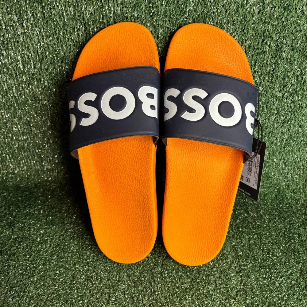 NEW‎ BOSS Aryeh Logo Rubber Pool Beach Sandal Slide Orange Navy Mens Size 12
